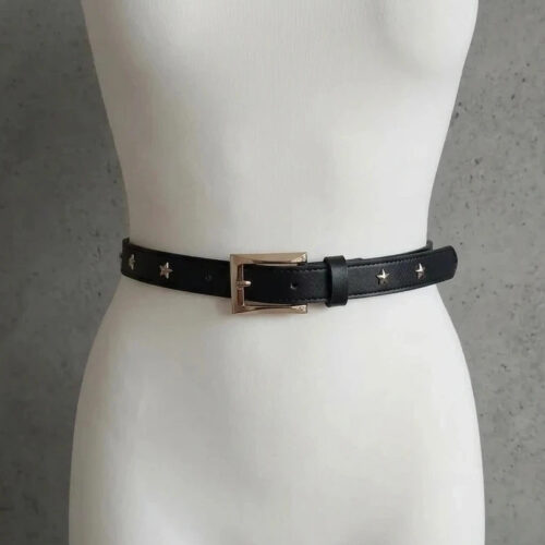Cintura sottile marrone con borchie e fibbia dorata – 100 cm