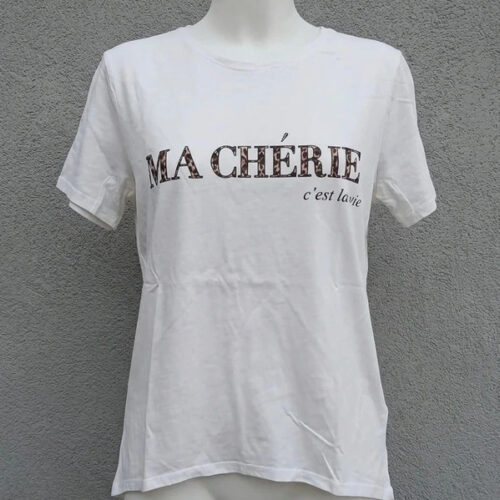 T-shirt bianca AMISU "Ma Chérie" con scritta leopardata - Taglia S - vintage originale