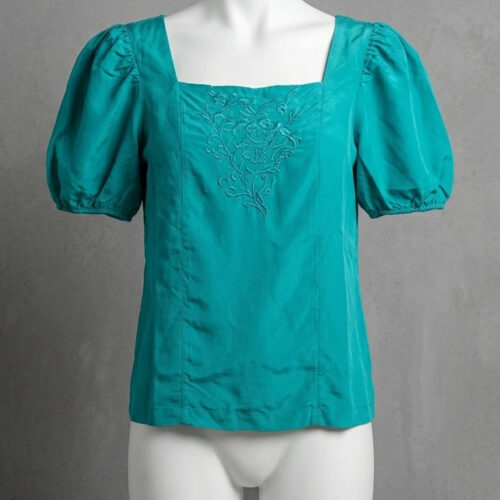 Shirley Tai Blusa Vintage Ricamo a Mano Turchese XS