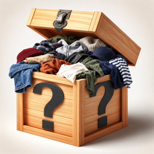 Cassa di legno aperta con capi misti usati: felpe, giacca di jeans, berretto e maglioni