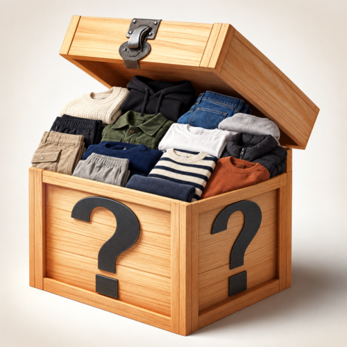 Cassa di legno aperta con capi piegati senza marchi visibili: maglioni, camicie, jeans e pantaloni