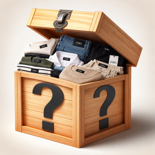 Cassa di legno aperta con capi Zara piegati: maglieria, camicia bianca, jeans e pantaloni beige